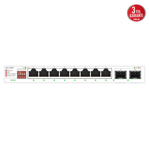 Yönetilemeyen Gigabit Ethernet Anahtar, 8 RJ45 ve 2 SFP+ port, yüksek performanslı ve güvenilir ağ bağlantısı, ofis ve küçük işletmeler için ideal.