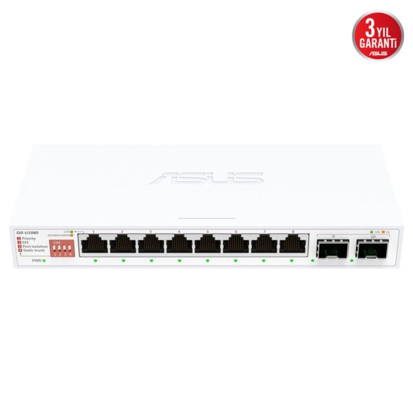Yönetilemeyen 8 portlu Gigabit Ethernet anahtarı, 2.5 Gbps hız ve 10 Gbps SFP+ portlarıyla yüksek performans sağlar. Ofis ve ağ altyapısı geliştirme için ideal, dayanıklı ve güvenilir ağ çözümü.