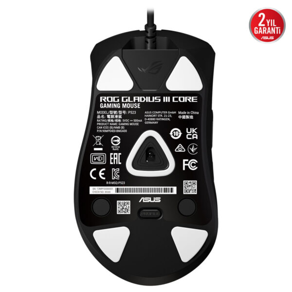 ASUS ROG GLADIUS III Core RGB kablolu oyun faresi, yüksek hassasiyet ve RGB aydınlatma özellikleriyle profesyonel oyuncular için tasarlanmıştır.