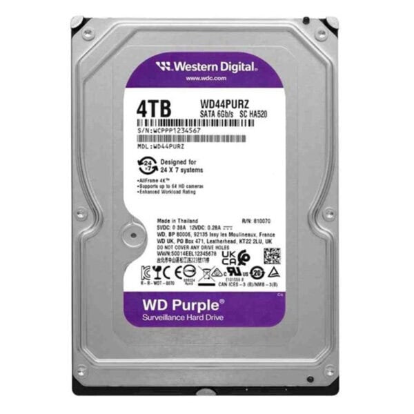 WD Purple 4TB 5400Rpm SATA 3.0 Sabit Disk, 128MB Önbellek, 7/24 Çalışma, Güvenlik ve Güçlü Veri Depolama.