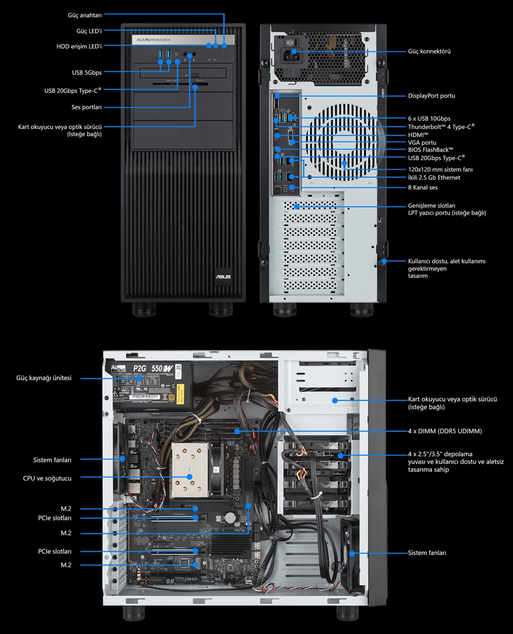 ASUS ExpertCenter Pro ET500I W8U9RTX6000D Intel Core Ultra 9-285K NVIDIA RTX 6000 48GB GDDR6 128GB DDR5 4TB M.2 SSD FreeDos Masaüstü İş İstasyonu h12