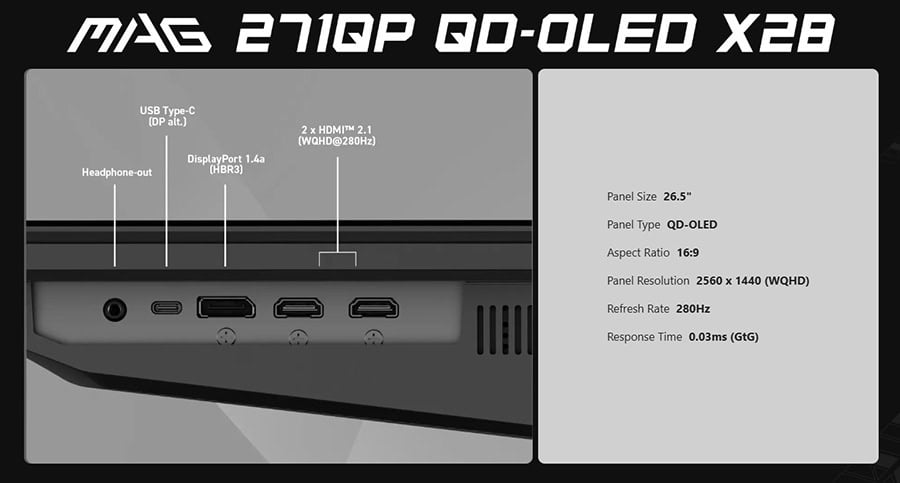 MSI MAG 271QP QD-OLED 26.5 inç oyun monitörü, 280Hz yenileme hızı ve 0.03ms tepki süresi ile yüksek performans sağlar. 2K WQHD çözünürlük ve Adaptive Sync teknolojisi ile akıcı oyun deneyimi sunar.