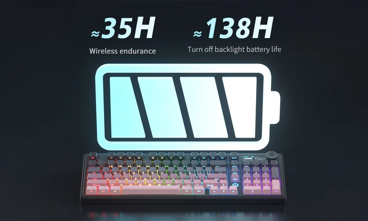AJAZZ AK980 V2 renkli RGB kablosuz mekanik gaming klavye, uzun pil ömrü ve hızlı yanıt süresi ile üstün oyun deneyimi sağlar. Hotswap özelliği ve İngilizce tuş düzeniyle dikkat çeker.