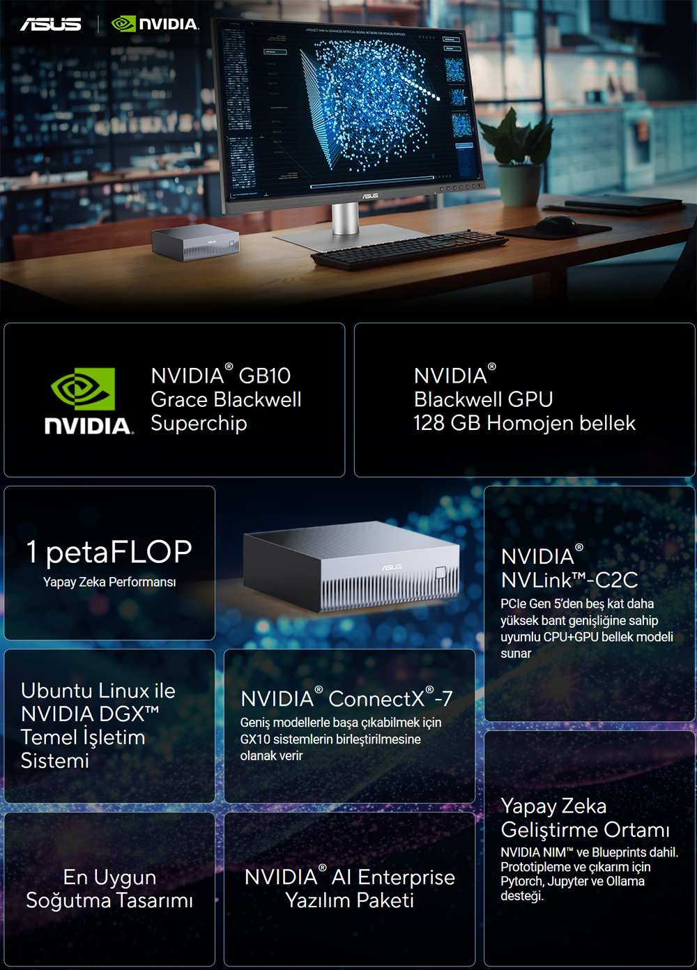 ASUS Ascent GX10-GG0003BN Nvidia GB10 CPU Blackwell GPU 128GB LPDDR5x 1TB SSD Yapay Zeka Süper Bilgisayar h2