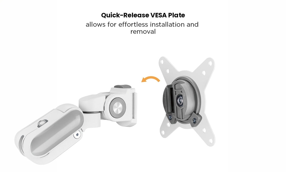 Yüksek uyumluluklu Brateck 17-32 inç monitör kolu, amortisörlü ve beyaz renkli, kolay montaj ve ayar imkanı sağlayan VESA uyumlu monitör tutucu.