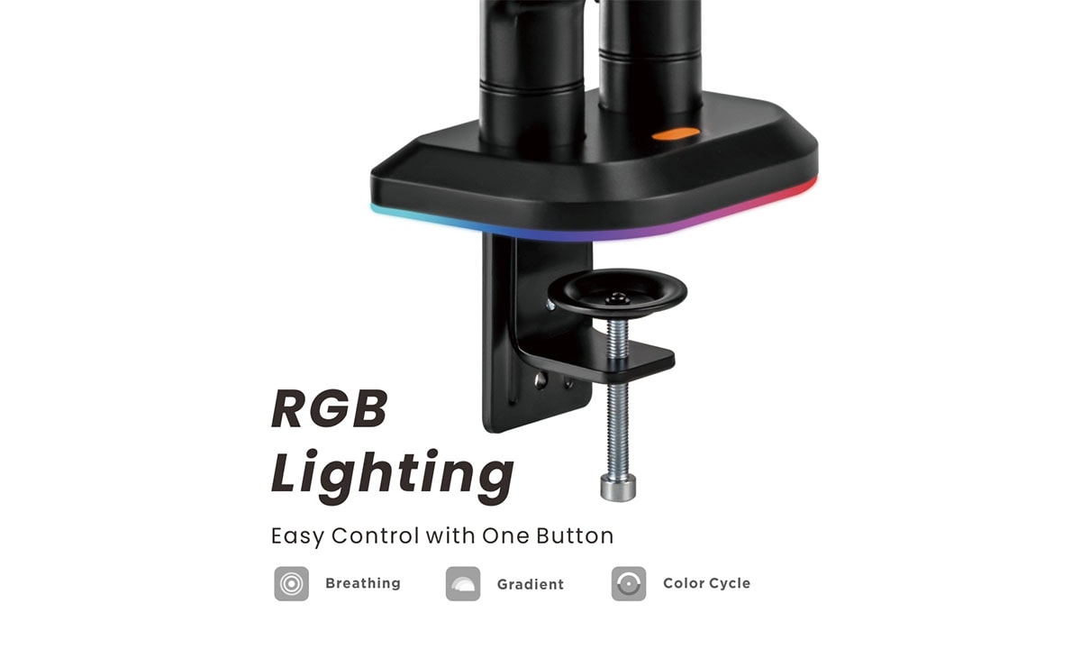 Brateck 17-32 inç uyumlu iki kollu amortisörlü RGB gaming monitör kolu, ergonomik ve ayarlanabilir tasarımıyla oyun ve ofis kullanımı için ideal.