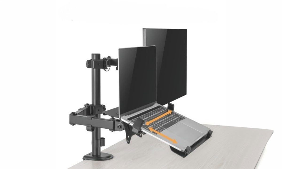 Brateck 17-32 inç uyumlu iki kollu monitör ve laptop tutucu, ergonomik çalışma alanı sağlar, ayarlanabilir ve dayanıklı tasarımıyla ofis ve ev kullanımı için ideal.