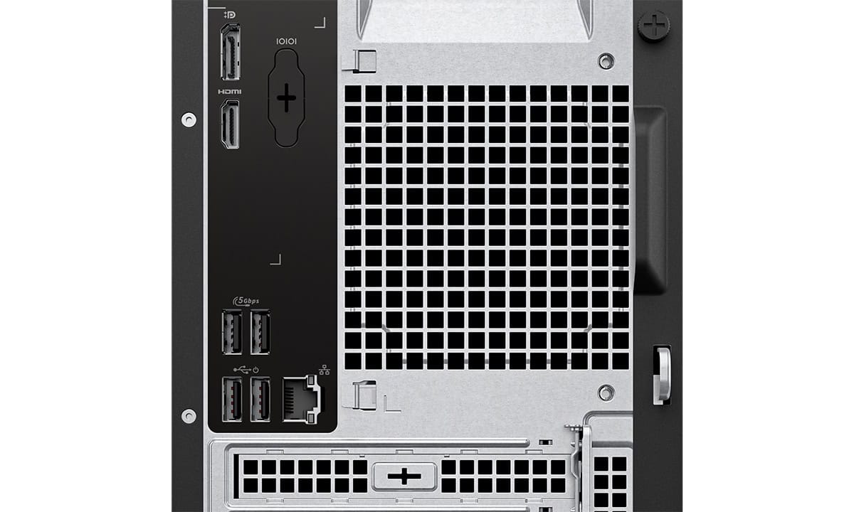Dell ECT1250 masaüstü bilgisayarın ön paneli, çeşitli giriş ve çıkış portlarıyla donatılmıştır. Güç düğmesi, USB portları ve soğutma ızgarası görünmektedir.