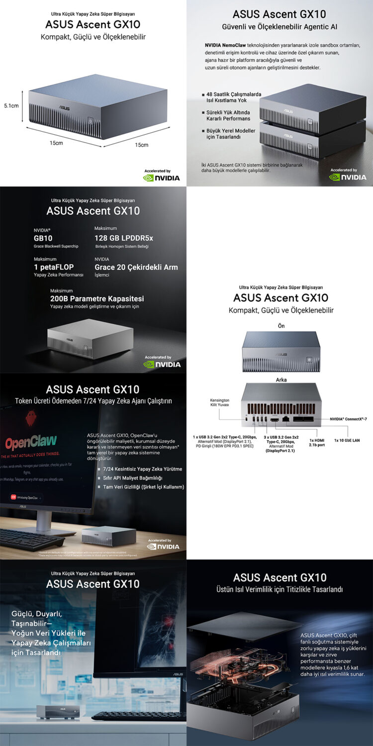 ASUS Ascent GX10-GG0003BN Nvidia GB10 CPU Blackwell GPU 128GB LPDDR5x 1TB SSD Yapay Zeka Süper Bilgisayar h3