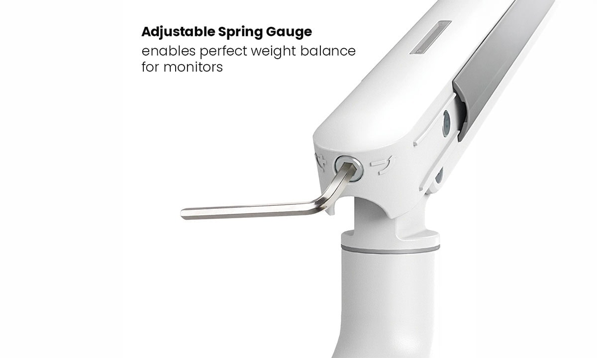 Yükseklik ayarlı ve amortisörlü beyaz monitör kolu, 17-32 inç uyumlu, ergonomik ve sağlam tasarım, ekran konforu ve düzenli çalışma alanı sağlar.