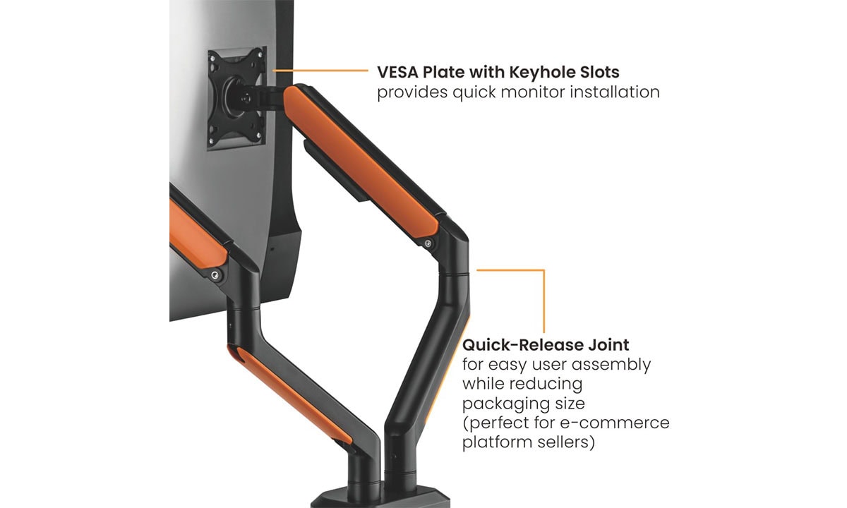 İki Kollu RGB Gaming Monitör Kolu, turuncu amortisörlü ve uyumlu 17-32 inç monitörler için tasarlanmış, kolay montaj ve ayar imkanı sağlayan yüksek kaliteli bir monitör tutucu.