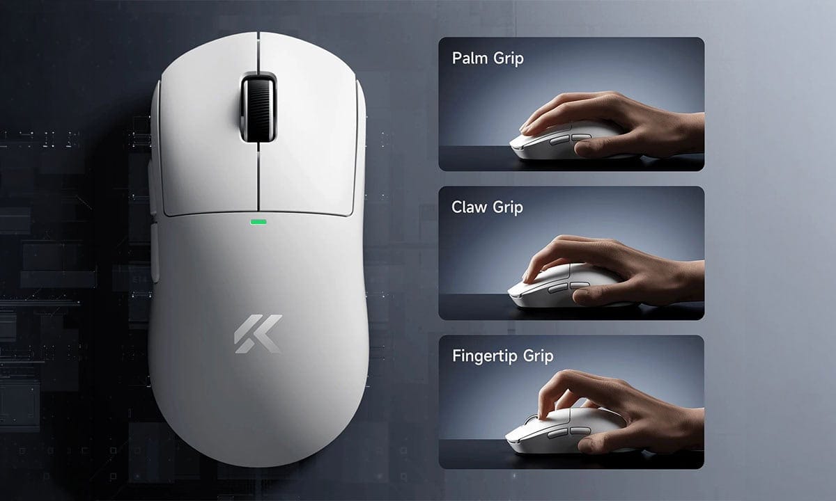 MCHOSE A5 V3 Beyaz kablosuz oyun faresi, 8K Hz hızlı bağlantı ve ergonomik tasarımıyla üstün performans sağlar. Palm, Claw ve Fingertip tutuş seçenekleriyle çeşitli oyun tarzlarına uyum sağlar.