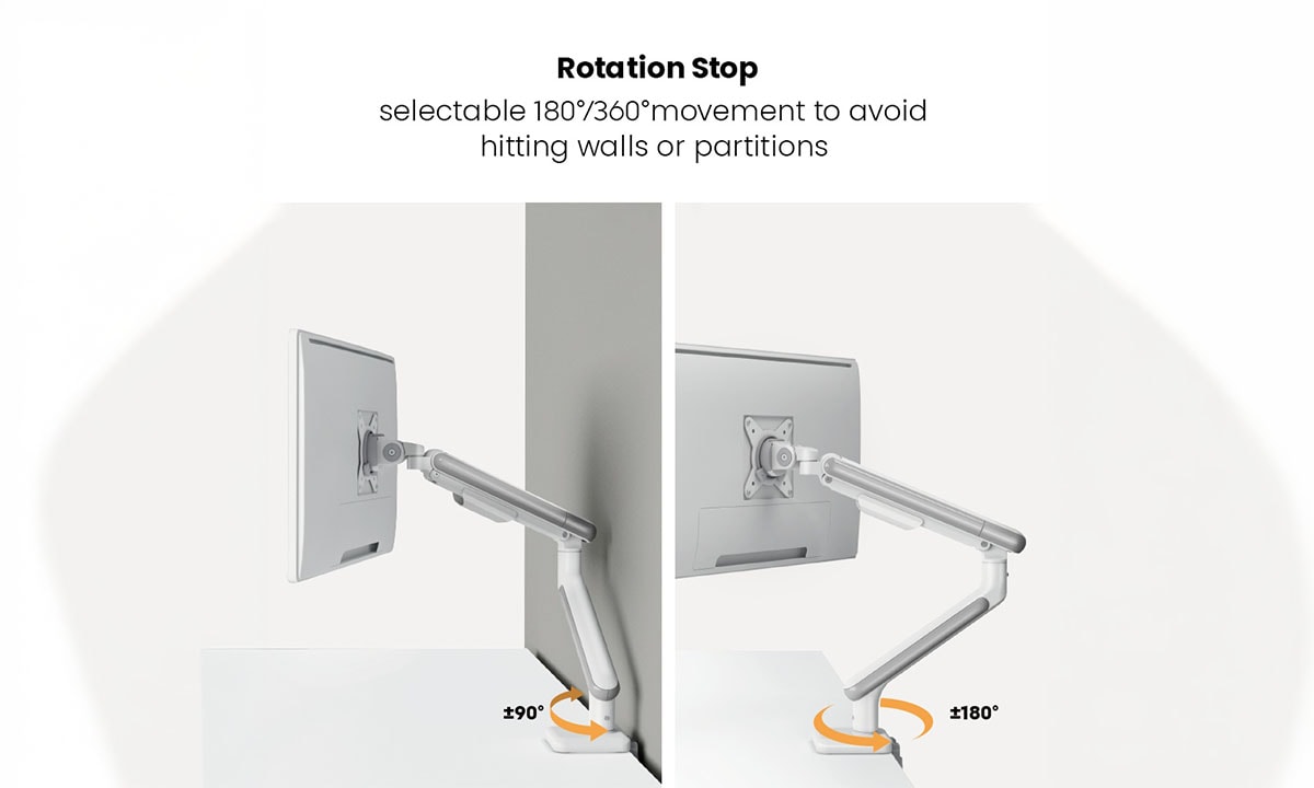 Brateck 17-32 inç uyumlu iki kollu amortisörlü beyaz monitör kolu, ekran konforu ve ergonomi sağlar. 180° dönebilme ve 360° rotasyon özellikleri ile monitörünüzü istediğiniz açıya ayarlayın.