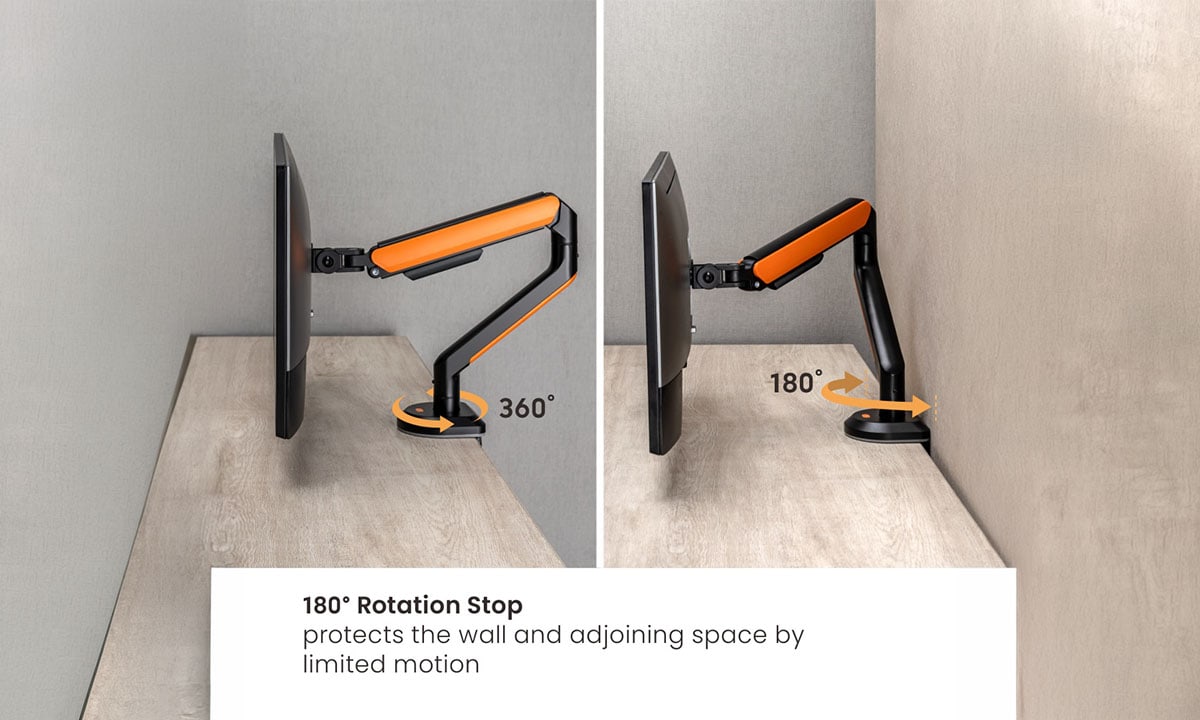 RGB Turuncu Gaming Monitör Kolu, 17-32 inç uyumlu, iki kollu amortisörlü tasarım, 180° döndürme ve 360° dönebilme özellikleri ile esnek ve ergonomik monitör tutucu.