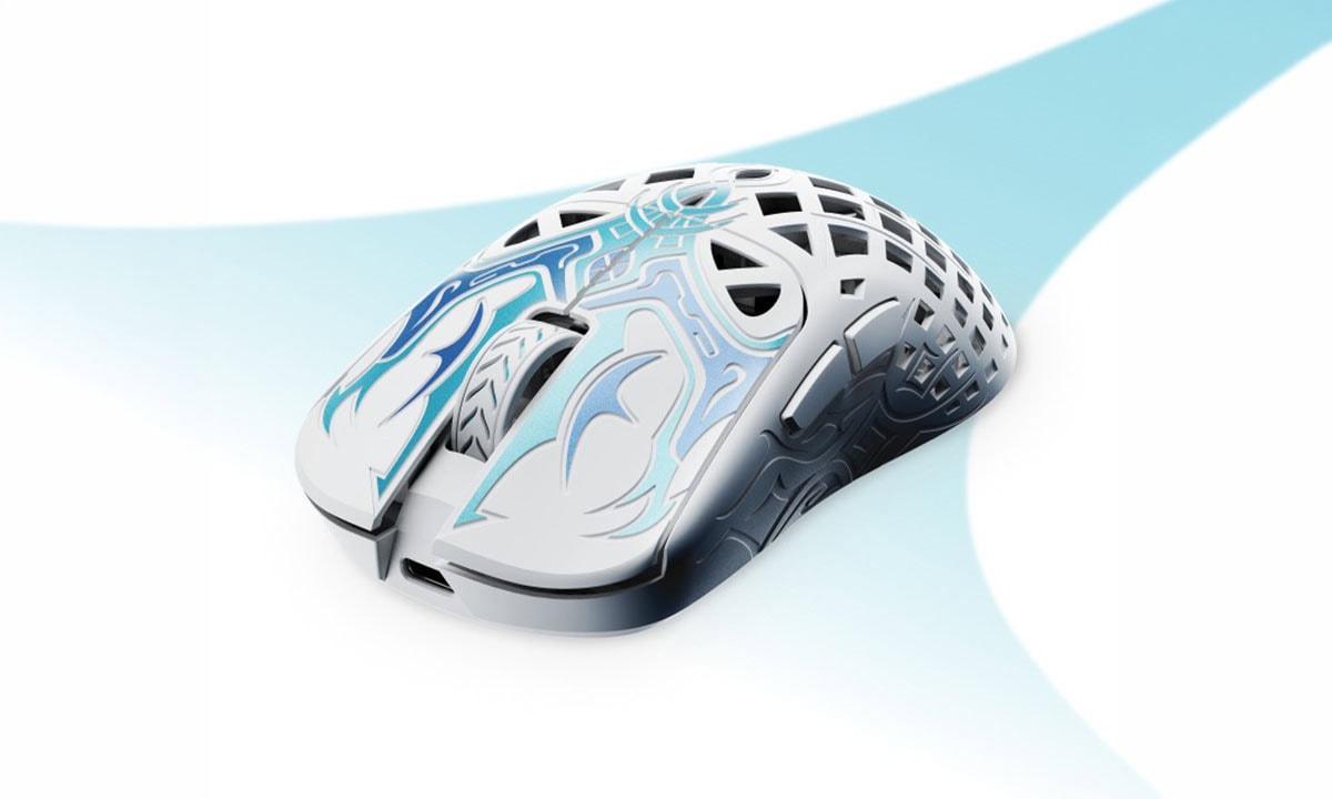 Yüksek çözünürlüklü Waizowl Triaina Riptide 8K Hz Custom 3950 HAWKEYE sensörlü kablosuz oyun mouse, üstün hassasiyet ve hız sağlar, profesyonel gamers için tasarlanmış, şık ve ergonomik tasarım.