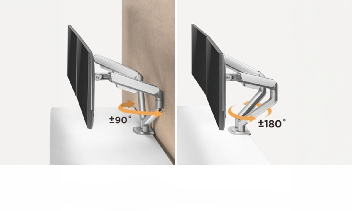 İki Kollu Amortisörlü Gümüş Monitör Kolu, 17-32 inç uyumlu, 90° ve 180° dönebilme özellikleriyle ergonomik ekran konumlandırması sağlar.