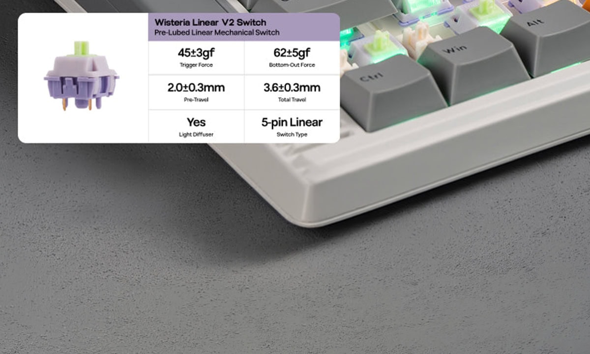 EPOMAKER RT85 Green White Wisteria V2 kablosuz mekanik gaming klavye, RGB aydınlatmalı, hotswap switch özelliği ve şık tasarımıyla yüksek performans sağlar.