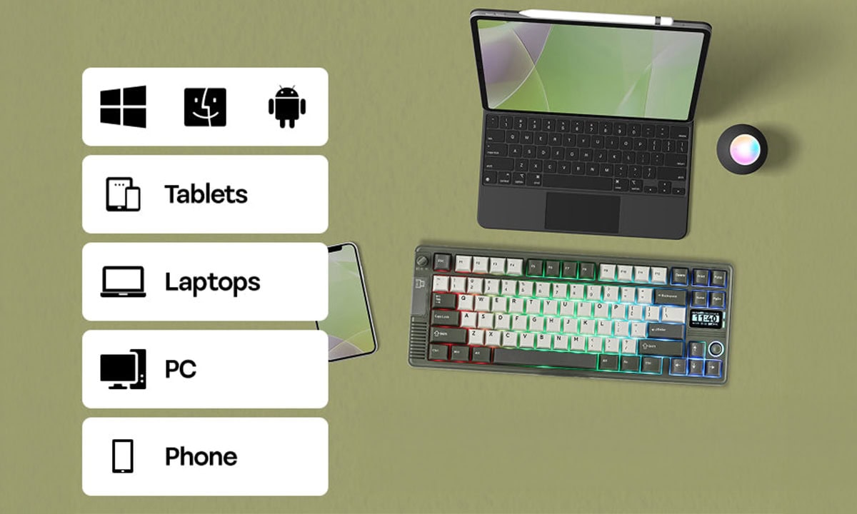 EPOMAKER RT85 Green White Wisteria V2 renkli mekanik gaming klavye, hotswap switch ve RGB aydınlatma özellikleriyle kablosuz kullanım imkanı sunar. Yüksek performans ve şık tasarım.