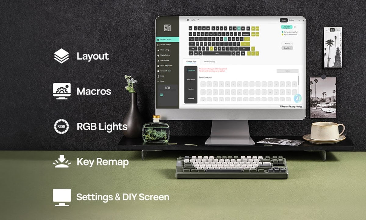EPOMAKER RT85 Green White Wisteria V2 Switch RGB Kablosuz Mekanik Gaming Klavye, yüksek performanslı ve özelleştirilebilir RGB ışıklandırma ile oyun ve ofis kullanımı için ideal.