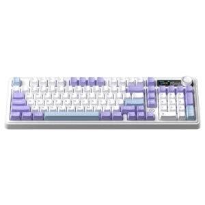 AJAZZ AK980 V2 Purple White Blue renkli RGB mekanik gaming klavye, kablosuz ve hot-swap özellikleriyle öne çıkar. İngilizce düzenli, 2 yıl değişim garantili, yüksek performanslı ve şık tasarımlı oyunc.