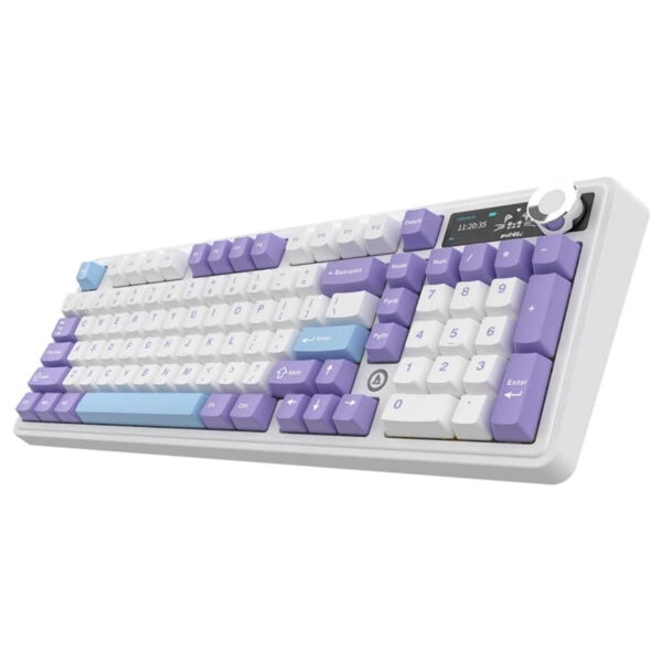 AJAZZ AK980 V2 mor, beyaz ve mavi renkli kablosuz mekanik gaming klavye, RGB aydınlatma, hot-swap switch özelliği ve İngilizce tuş dizisi ile yüksek performans sağlar.