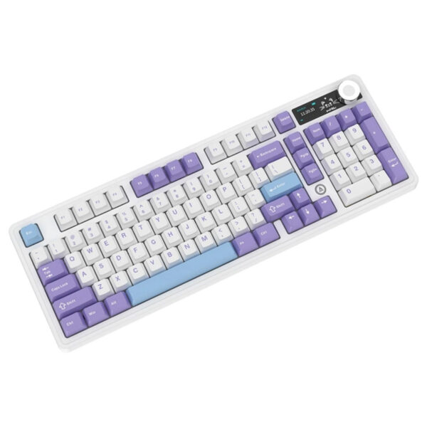 Renkli RGB aydınlatmalı, kablosuz AJAZZ AK980 V2 mekanik gaming klavye, beyaz ve mor renklerde, hotswap switch ve İngilizce düzen, 2 yıl garanti.