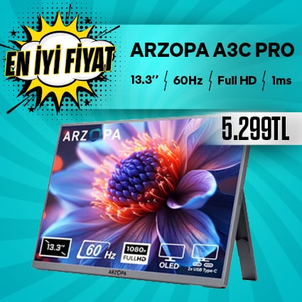 ARZOPA A3C PRO 13.3 inç Full HD OLED ekranlı tablet, 60Hz yenileme hızı ve 1080p çözünürlük ile üstün görüntü kalitesi sunar. 1ms tepki süresi ve çift USB Type-C bağlantısı ile performans ve bağlantı.