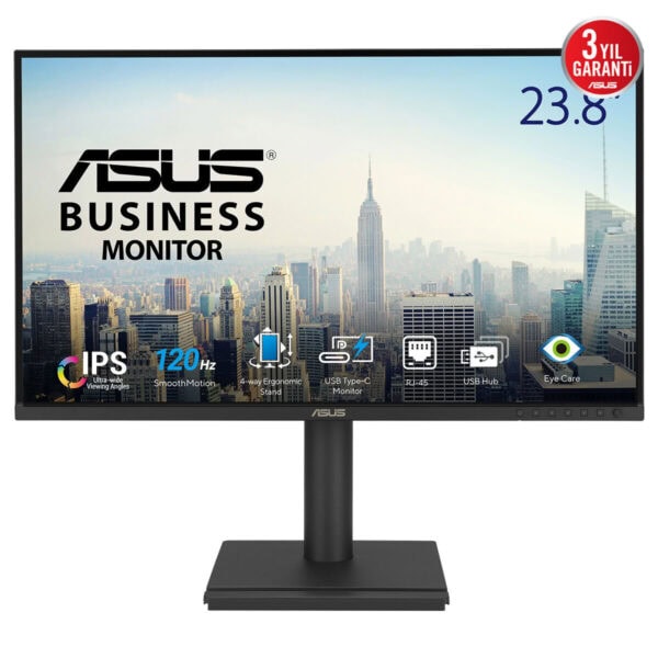 ASUS BE249CGN 23.8 inç Full HD IPS monitör, 120Hz yenileme hızı ve 5ms tepki süresi ile yüksek performans sağlar. Ergonomik stand ve Adaptive Sync teknolojisi ile akıcı görüntü deneyimi sunar.