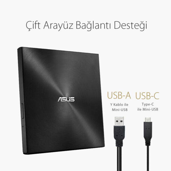 ASUS ZenDrive U9M SDRW-08U9M-U, M-DISC destekli, ultra ince ve taşınabilir harici DVD yazıcı. USB-C ve USB-A bağlantı seçenekleri ile kolay kullanım sağlar.