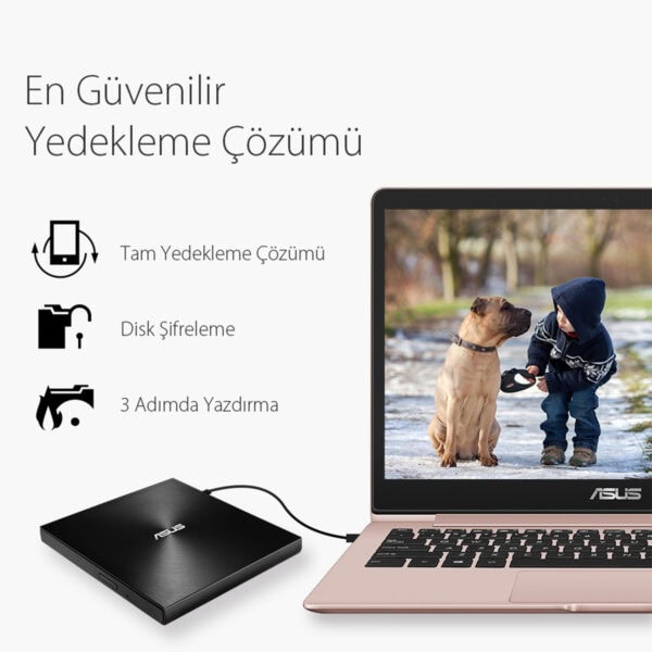 ASUS ZenDrive U9M SDRW-08U9M-U, M-DISC destekli, ultra ince ve taşınabilir harici DVD yazıcı. Yüksek hızda disk yazma ve yedekleme imkanı sunar, bilgisayarınıza kolayca bağlanır.