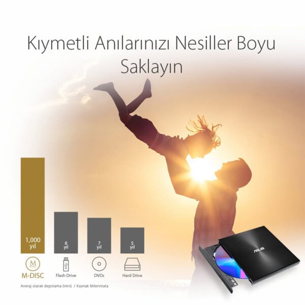 ASUS ZenDrive U9M SDRW-08U9M-U, M-DISC destekli, ultra ince ve taşınabilir harici DVD yazıcı. Yüksek hızda veri yazma ve okuma özellikleriyle, film ve veri yedekleme için ideal.