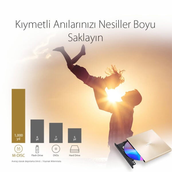 ASUS ZenDrive U9M SDRW-08U9M-U Altın M-DISC Destekli Harici DVD Yazıcı.