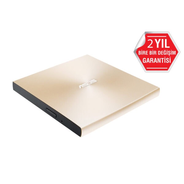 ASUS ZenDrive U9M SDRW-08U9M-U, şık altın renkli ultra ince harici DVD yazıcı, M-DISC desteği ile güvenli veri yedekleme sağlar, taşınabilir ve kullanımı kolay.