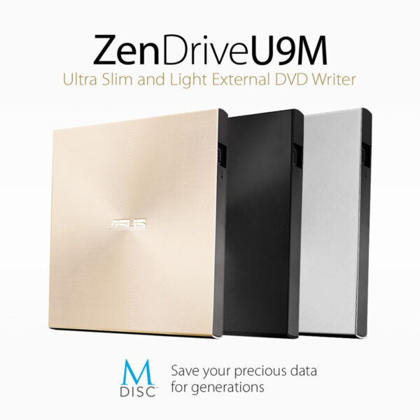 ASUS ZenDrive U9M SDRW-08U9M-U, altın, siyah ve gümüş renk seçenekleriyle ultra ince ve hafif harici DVD yazıcı. M-DISC desteği ile verilerinizi uzun ömürlü şekilde yedekleyin.