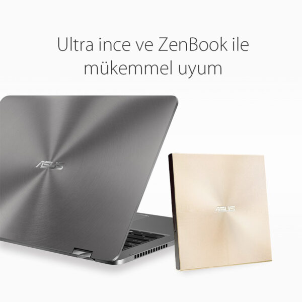ASUS ZenDrive U9M SDRW-08U9M-U, ultra ince ve şık tasarımıyla yüksek kaliteli harici DVD yazıcı. M-DISC desteği sayesinde verilerinizi uzun süre güvenle saklayabilirsiniz.