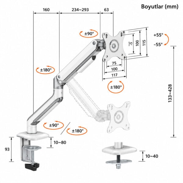 Brateck 17 32 Inç Uyumlu Amortisörlü Gümüş Monitör Kolu (ldt63 C012) 8