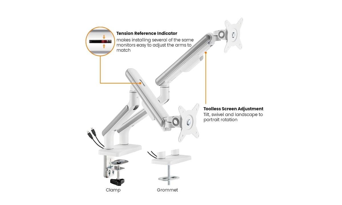 İki kollu monitör tutucu, Beyaz renkli, 17-32 inç ekranlar için uyumlu, amortisörlü ve ayarlanabilir monitör kolu, ergonomik çalışma alanı sağlar.