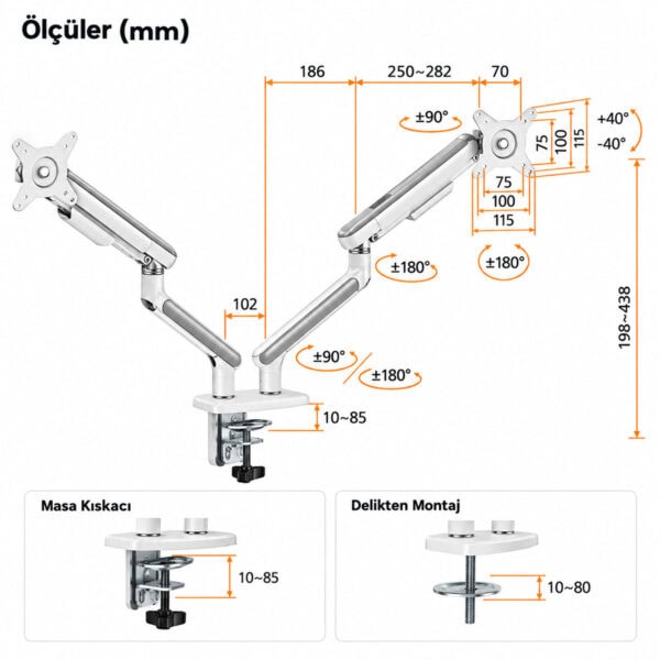 Brateck 17 32 Inç Uyumlu İki Kollu Amortisörlü Beyaz Monitör Kolu (ldt68 C024) 7