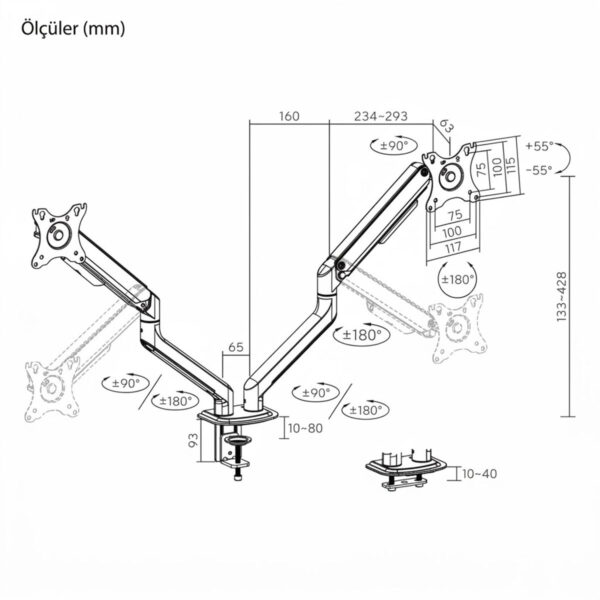Brateck 17 32 Inç Uyumlu İki Kollu Amortisörlü Gümüş Monitör Kolu (ldt63 C024) 8