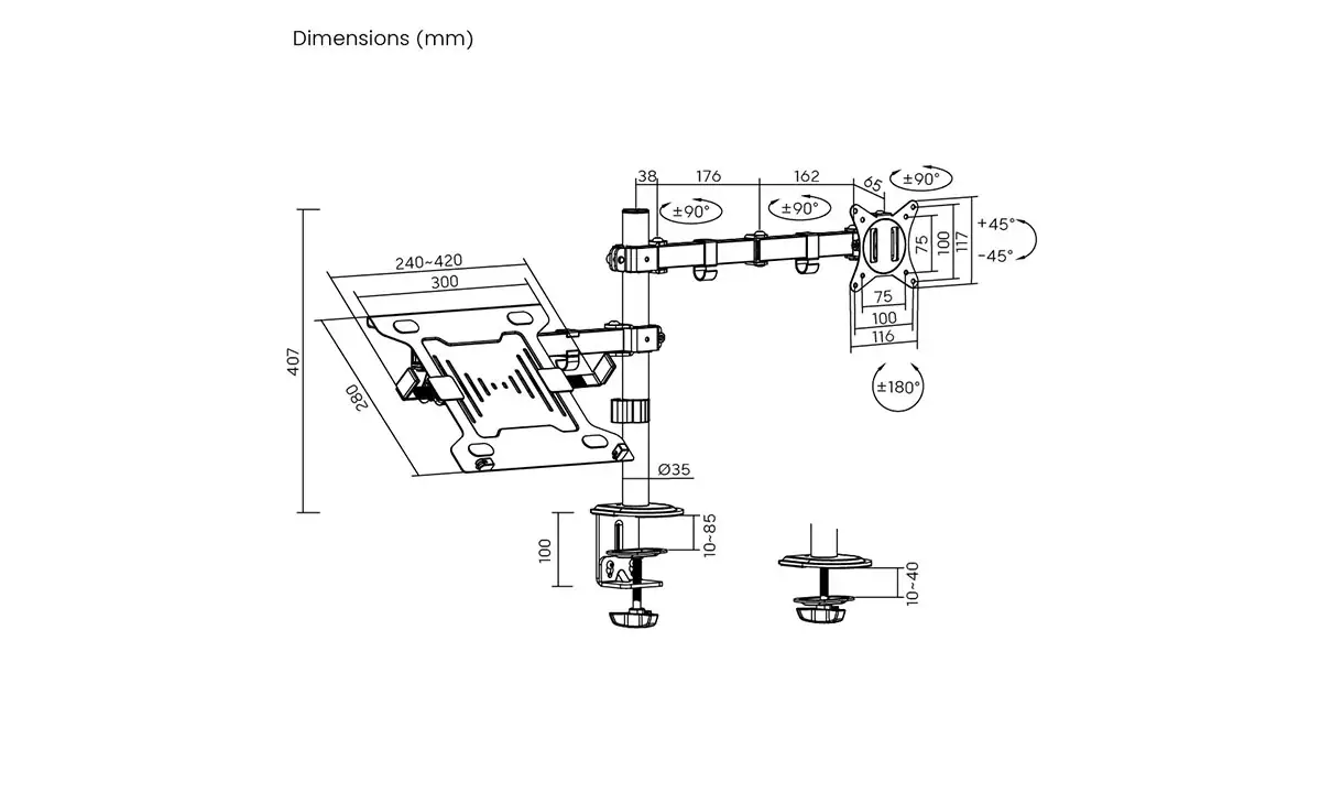 Brateck 17-32 inç uyumlu iki kollu monitör ve laptop tutucu, ergonomik çalışma alanları için ideal. Ayarlanabilir ve dayanıklı tasarımıyla monitör ve laptoplarınızı güvenle tutar.