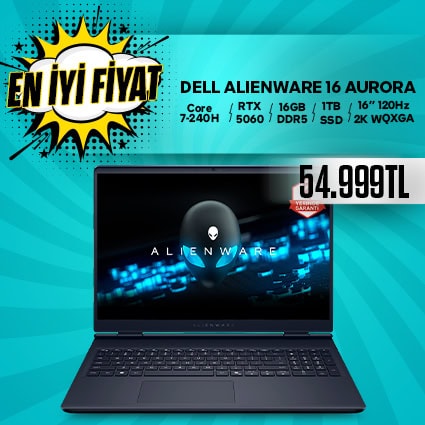 Dell Alienware 16 Aurora dizüstü bilgisayar, güçlü Core i7-2400H işlemci, RTX 5060 grafik kartı ve 16GB RAM ile yüksek oyun ve grafik performansı sağlar. 1TB SSD depolama ve 2K WQXGA ekran ile üstün g.