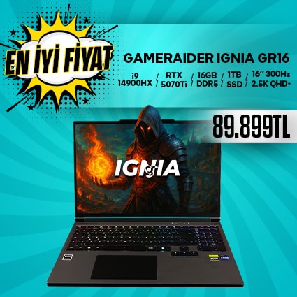 Gamer Aider Ignia GR16 oyun dizüstü bilgisayarı, güçlü RTX 5070Ti ekran kartı, 16GB DDR5 RAM, 1TB SSD ve 16" 300Hz ekran ile yüksek performans sağlar.