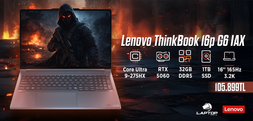 Lenovo ThinkBook 16p G6 IAX dizüstü bilgisayar, güçlü Core Ultra 9-275HX işlemci, RTX 5060 ekran kartı ve 32GB DDR5 RAM ile yüksek performans sağlar. 1TB SSD depolama ve 16" 165Hz ekran ile profesyone.