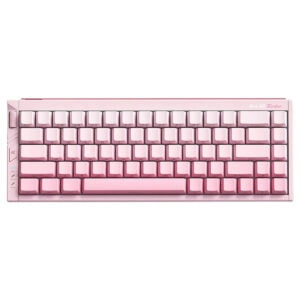 Yapay zeka ile optimize edilmiş, pembe renkli MCHOSE Ace 68 Turbo Esports oyun klavyesi, montaj alanı, manyetik anahtarlar ve RGB aydınlatma özellikleriyle öne çıkar.