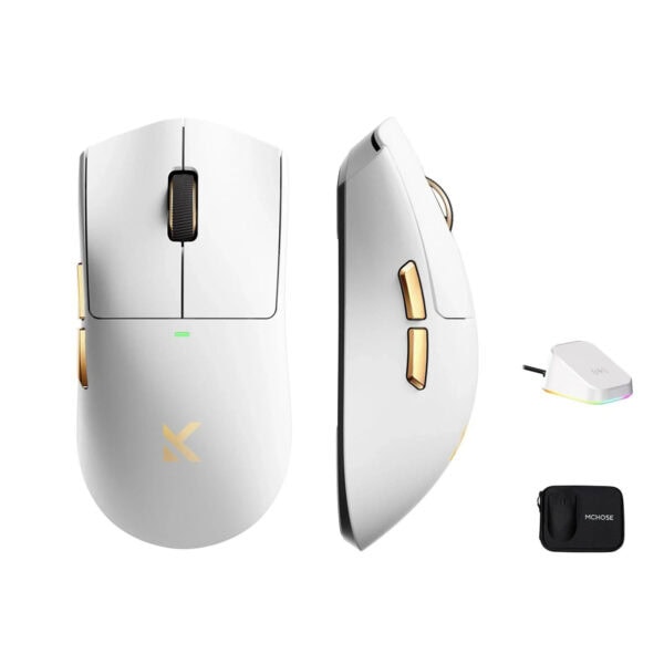 MCHOSE K7 Ultra Beyaz Altın 8K Hz kablosuz oyuncu mouse, yüksek performanslı ve şık tasarımıyla oyun deneyimini artırır, ergonomik yapısı ve hassasiyetiyle öne çıkar.