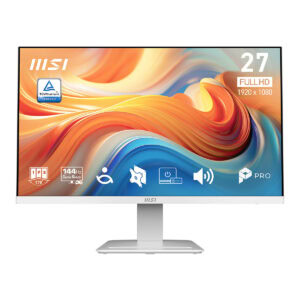 MSI PRO MP273W E14A 27 inç 144 Hz Full HD IPS monitör, beyaz renkli, yüksek yenileme hızı ve geniş ekran ile oyun ve ofis kullanımı için ideal.