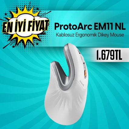 ProtoArc EM11 NL kablosuz ergonomik dikey mouse, rahat kullanım ve hassasiyet sağlar, uygun fiyatlı ve şık tasarımıyla ofis ve ev kullanımı için ideal.