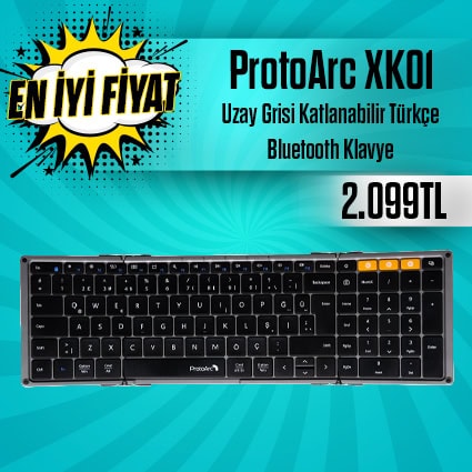 ProtoArc XKOI kablosuz Bluetooth klavye, uzay grisi renk seçeneği ile şık ve kullanışlıdır. Türkçe katlanabilir tasarımı ve uygun fiyatıyla ofis ve ev kullanımı için ideal.