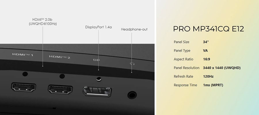 MSI PRO MP341CQ E12 34 inç UWQHD Kavisli VA Monitör, 120Hz yenileme hızı ve 1ms tepki süresi ile yüksek performans ve görsel deneyim sağlar.