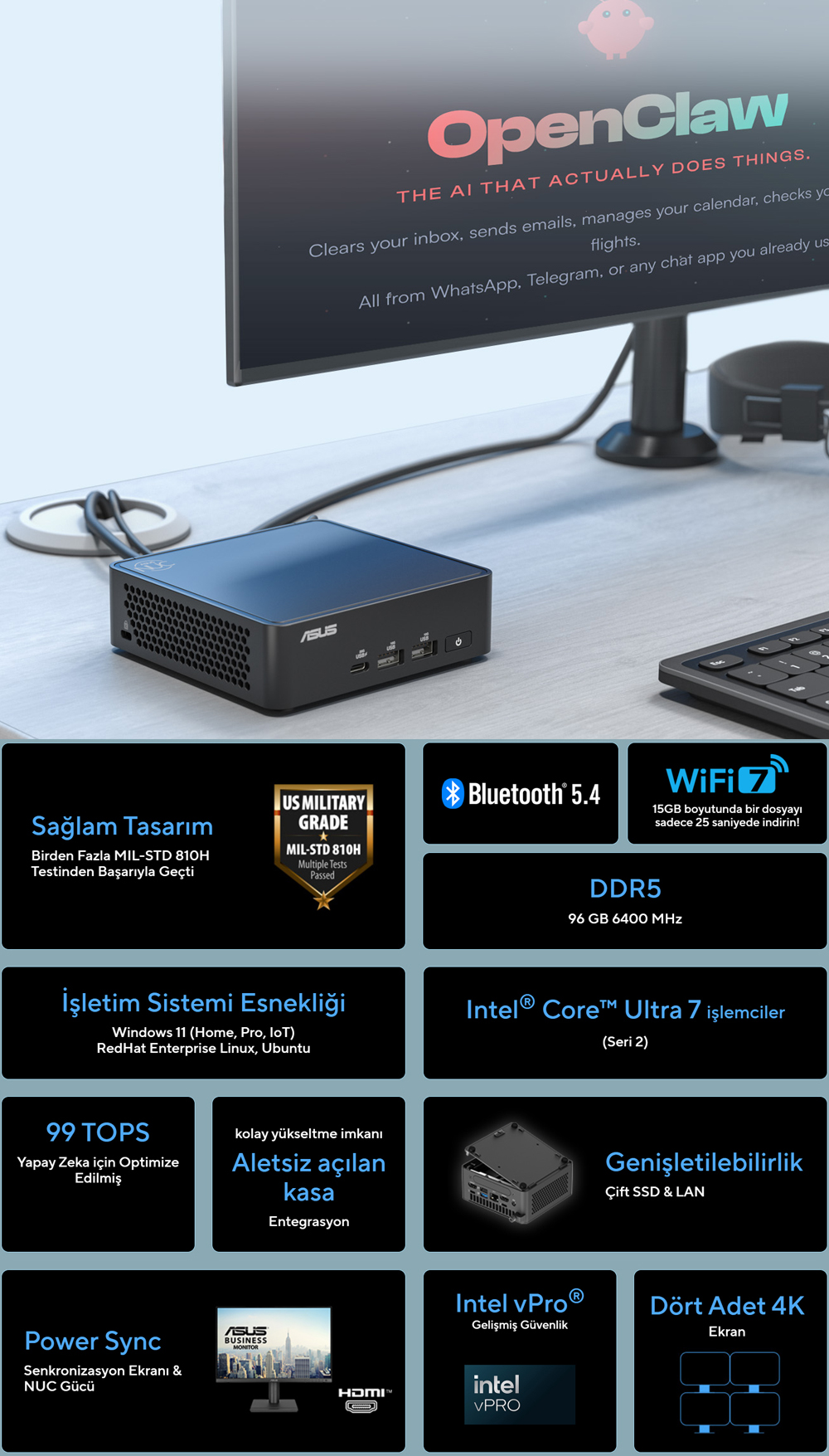 ASUS NUC 15 Pro Slim Kit RNUC15CRKI300002 Intel Core 3-100U Barebone FreeDos Mini Bilgisayar h2